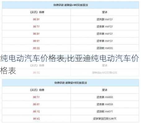 纯电动汽车价格表,比亚迪纯电动汽车价格表